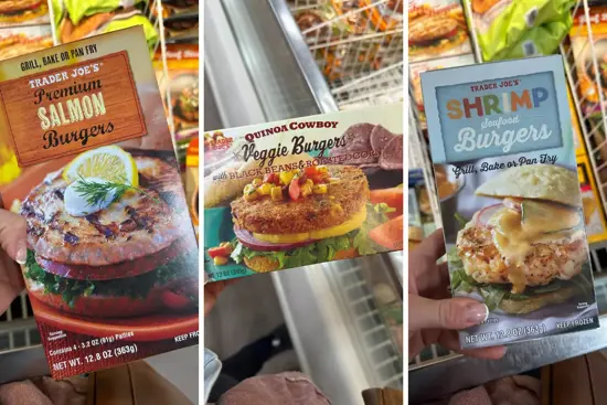salmon burgers, veggie burgers, and shrimp burgers from trader joes